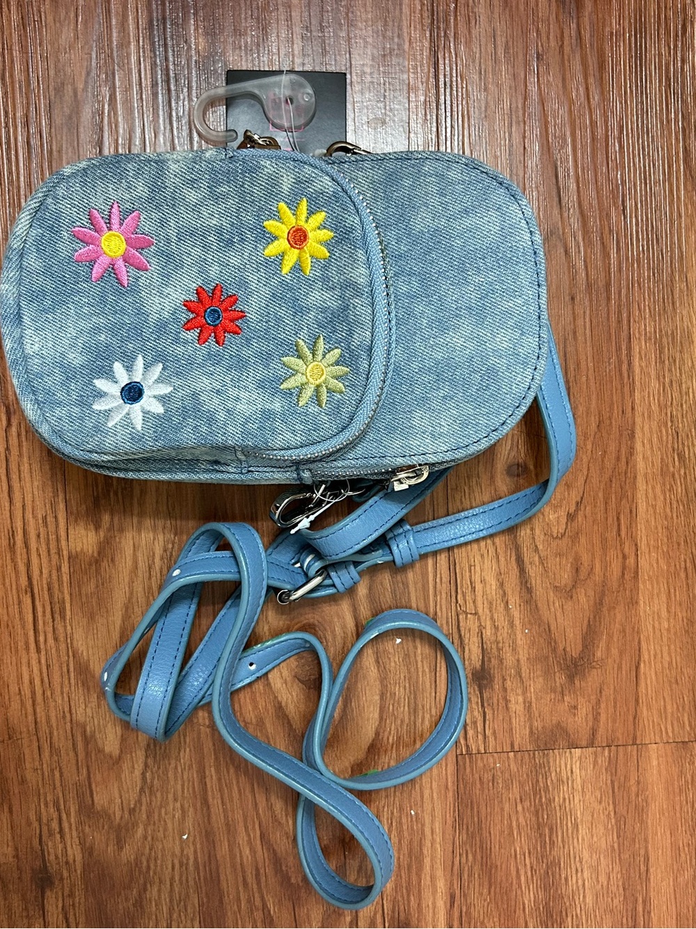 Denim Crossbody Bag with Embroidered Flowers - Blue